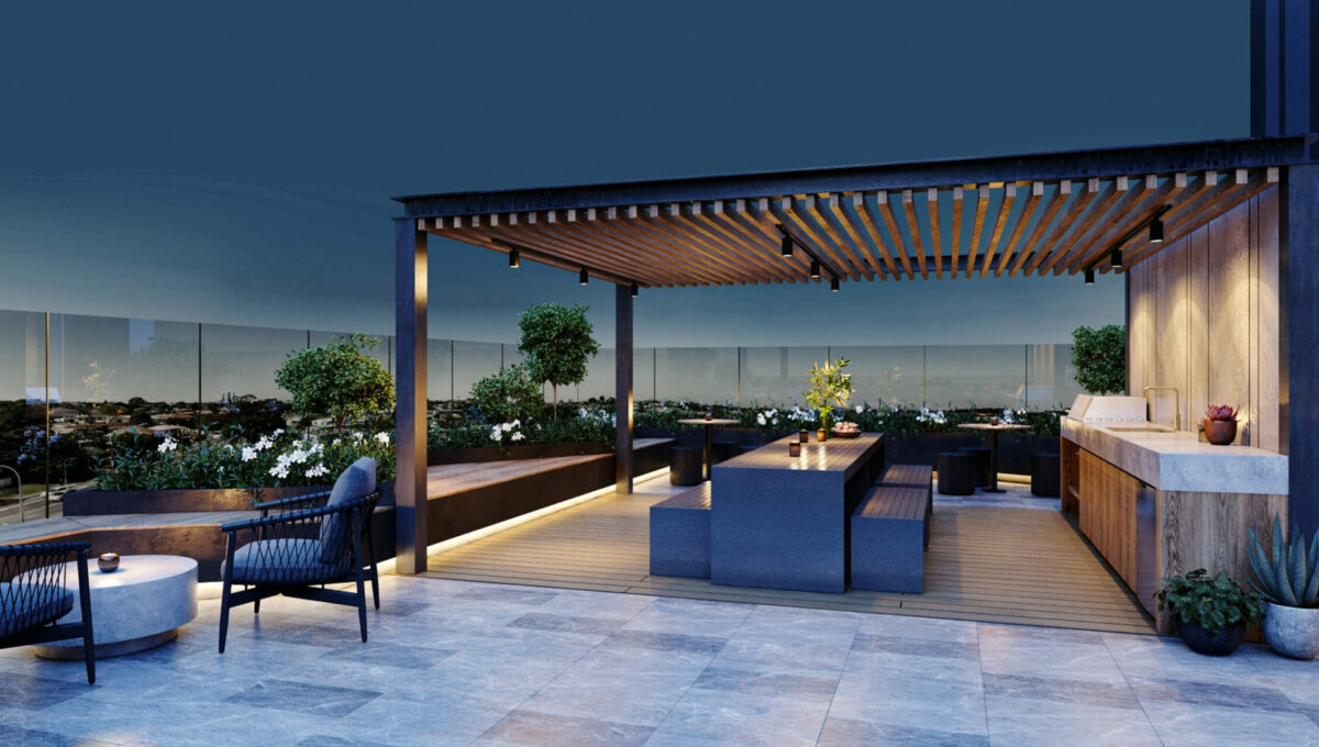 Roof Terrace Night Dining Area - Elevation Northcote Apartments