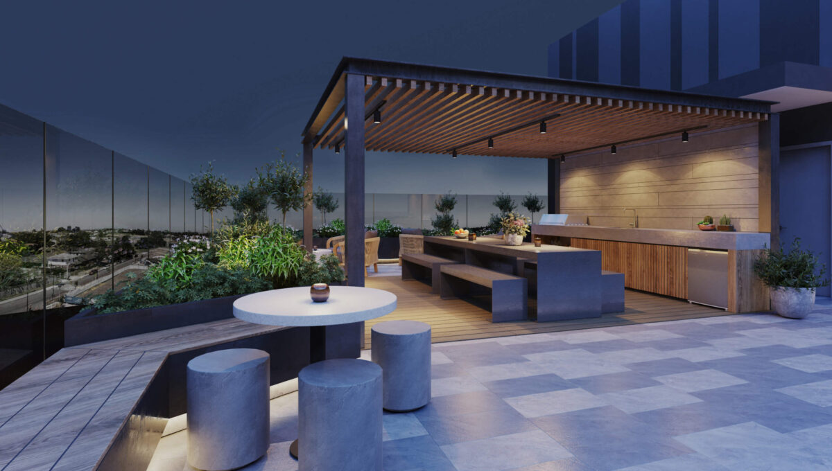 Roof Terrace Space - Night - Elevation Northcote Apartments