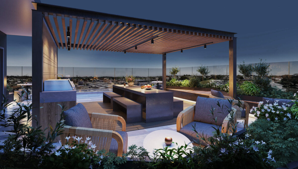 Roof Terrace Dining - Night - Elevation Northcote Apartments