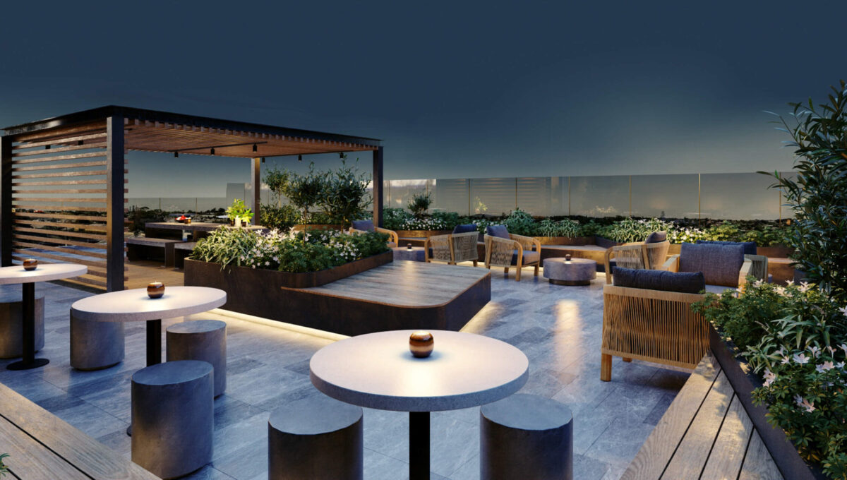 Roof Terrace Amenities - Night - Elevation Northcote Apartments