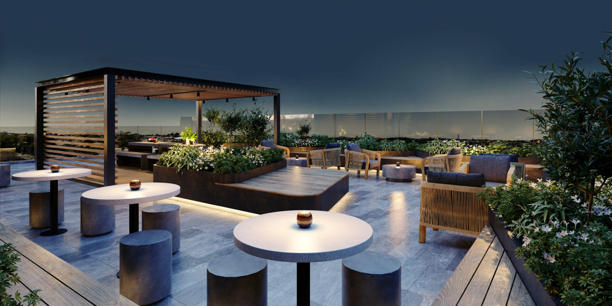 Roof Terrace Amenities - Night - Elevation Northcote Apartments