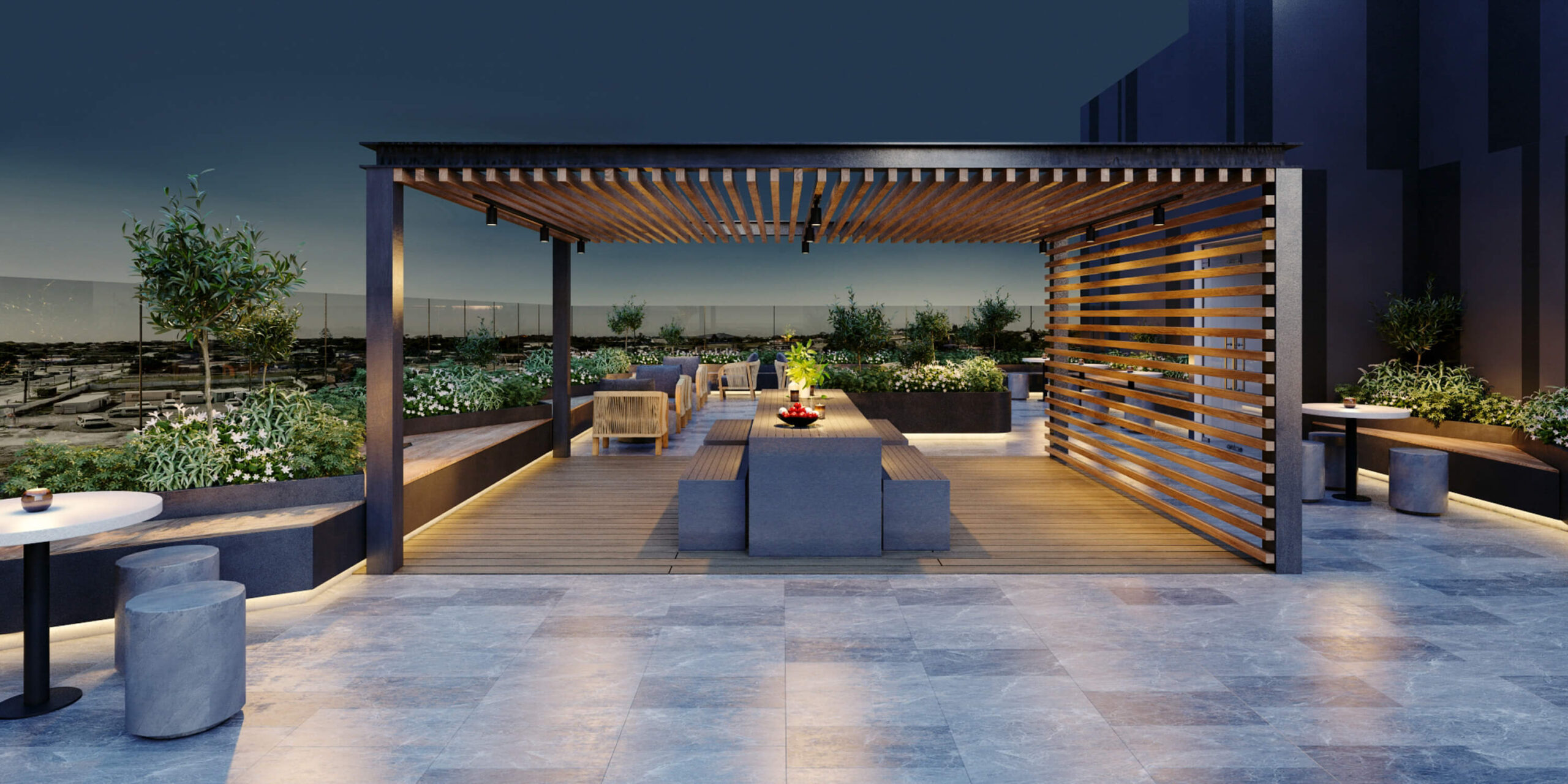 Roof Terrace - Night - Elevation Northcote Apartments