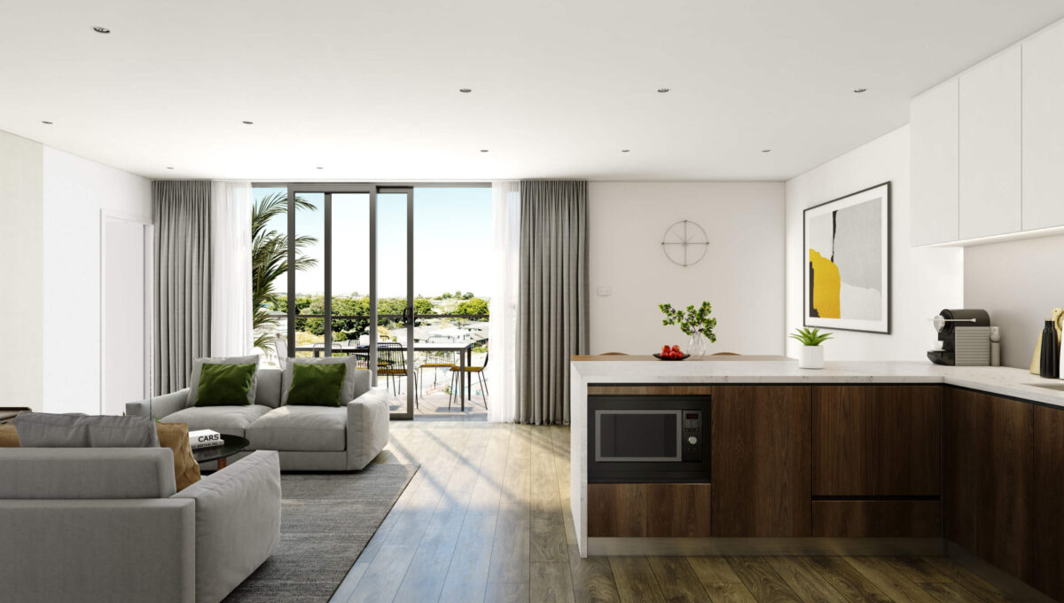 Kitchen, living room, and dining room - Elevation Northcote Apartments