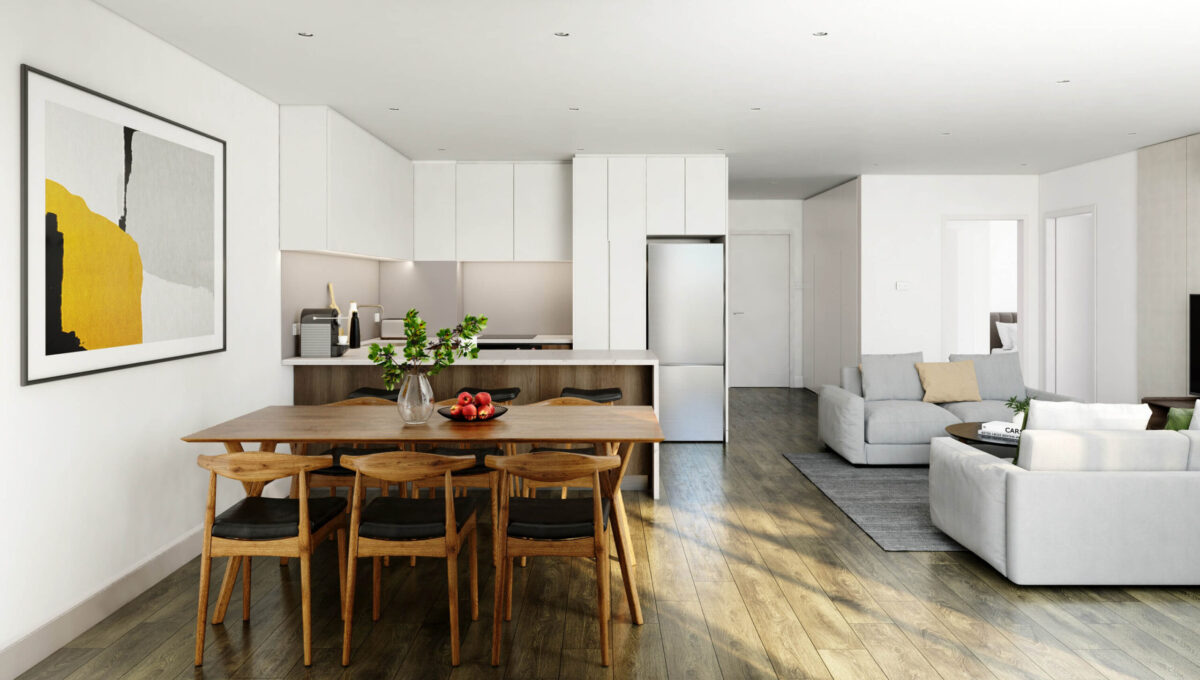 Dining room, kitchen, and living room - Elevation Northcote Apartments