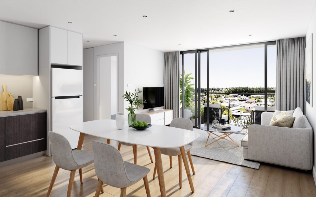 Elevation Northcote KiwiBuild apartment interior with outdoor view
